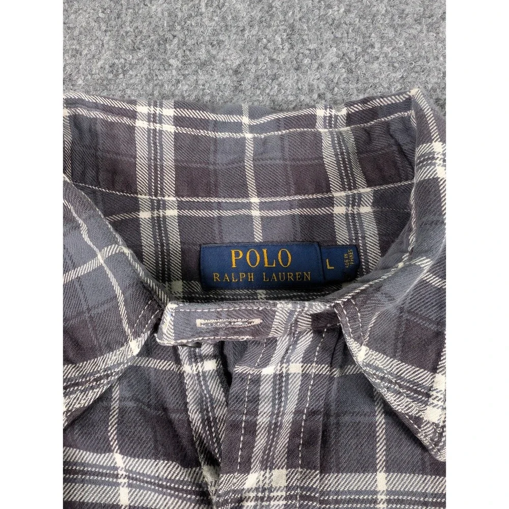 Polo Ralph Lauren Work Shirt Mens‎ Large Gray Plaid Pockets Throat Latch